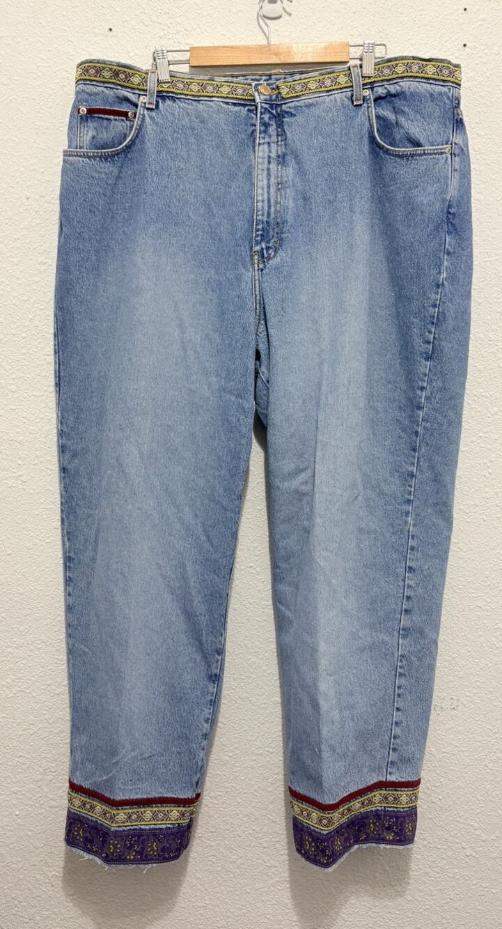 Vintage Avenue Blues Embroidered Tapestry Straight Jeans Floral Boho 90s Hippie